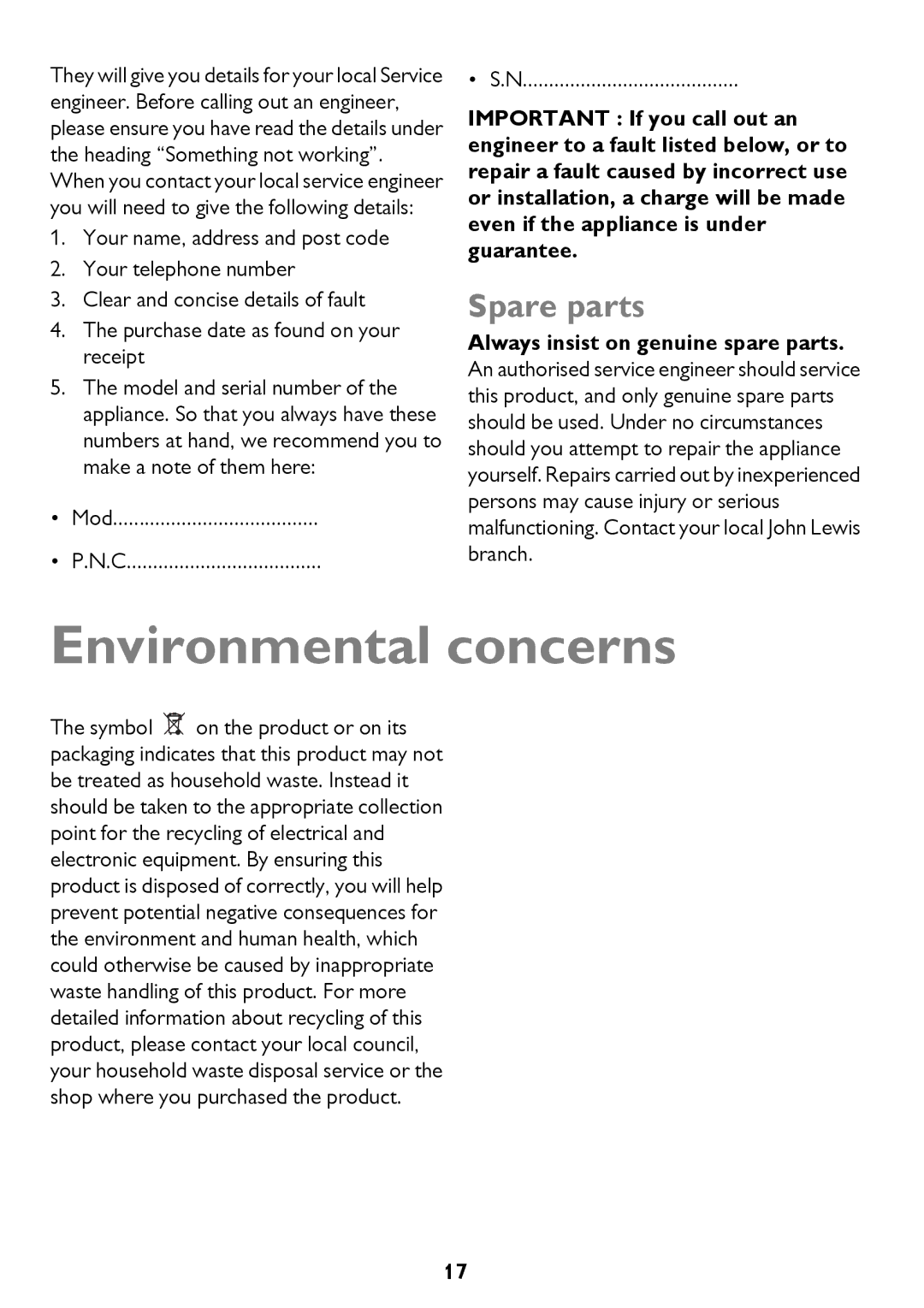 John Lewis JLCH300, JLCH200, JLCH400 instruction manual Environmental concerns, Spare parts 