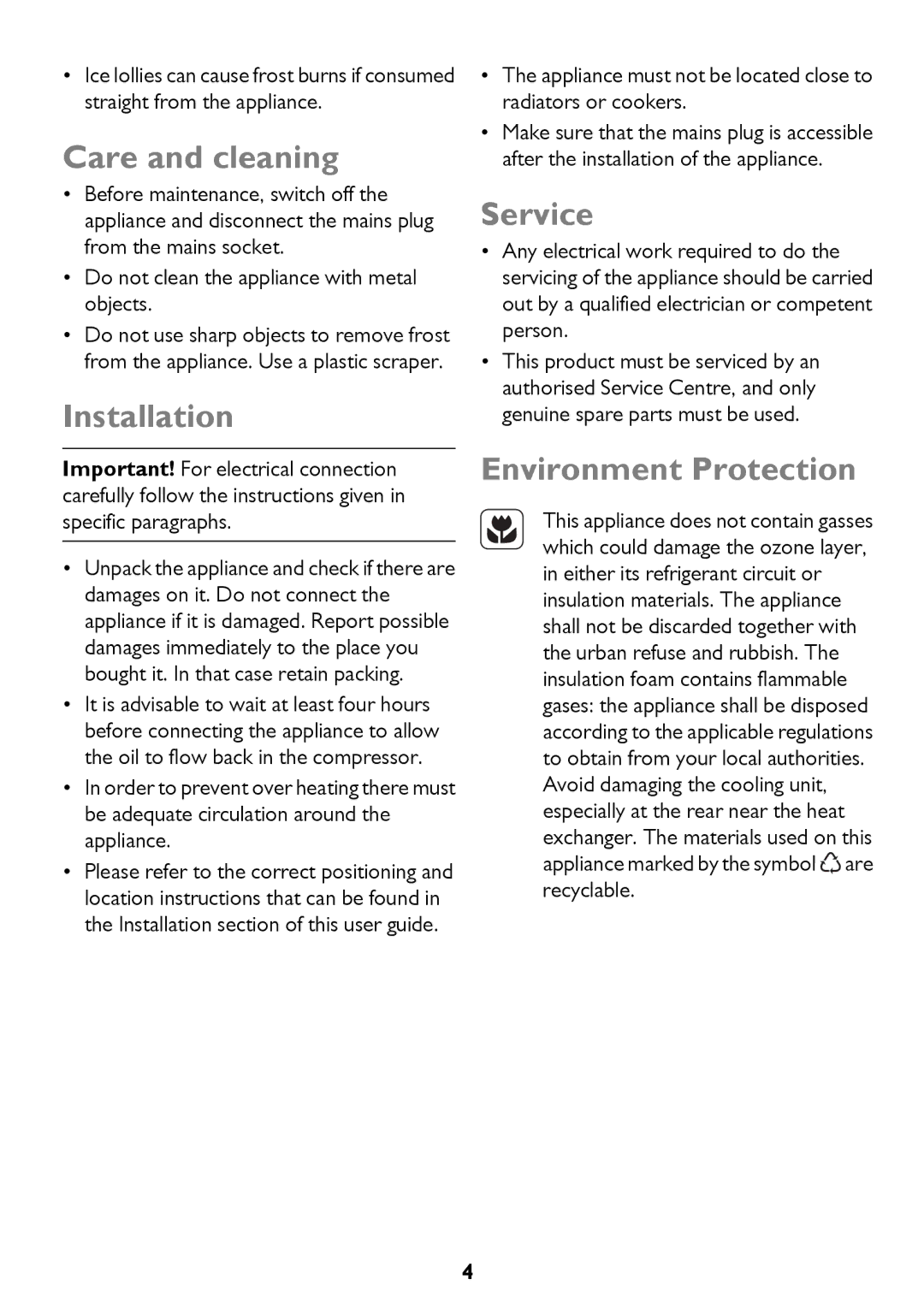 John Lewis JLCH400, JLCH200, JLCH300 instruction manual Care and cleaning, Installation, Service, Environment Protection 