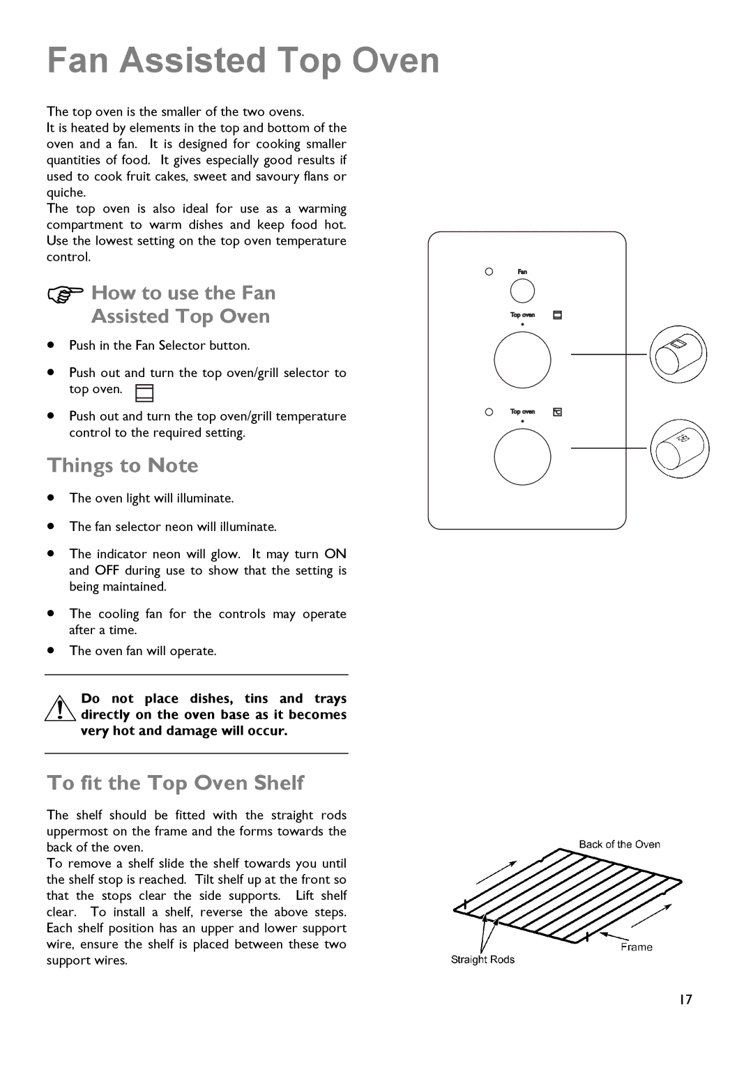 John Lewis JLDUOS705 instruction manual To fit the Top Oven Shelf, How to use the Fan Assisted Top Oven 