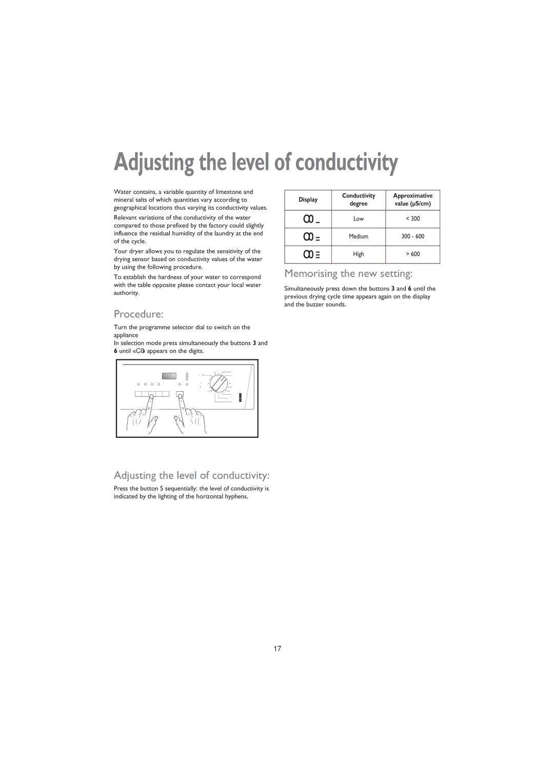 John Lewis JLDV 02 instruction manual Procedure, Memorising the new setting, Adjusting the level of conductivity 