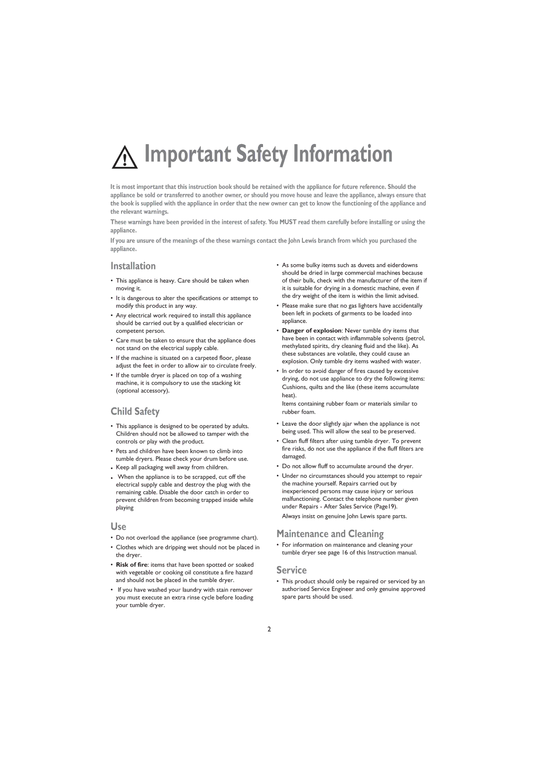 John Lewis JLDV 02 instruction manual Installation, Child Safety, Use, Maintenance and Cleaning Service 