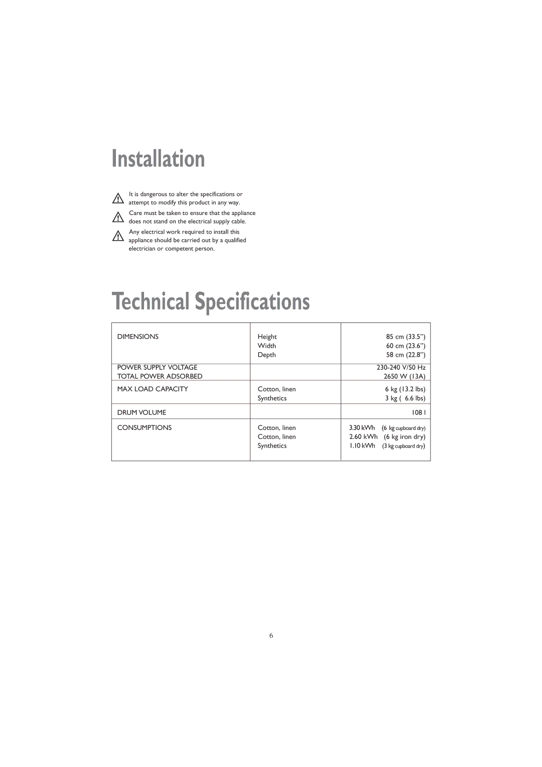 John Lewis JLDV 02 instruction manual Installation, Technical Specifications 