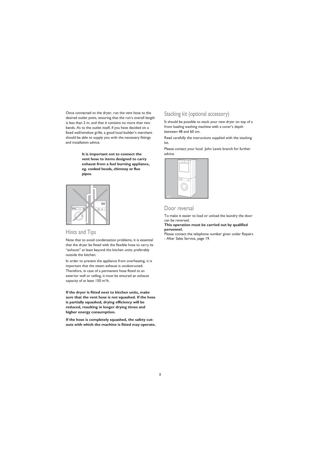 John Lewis JLDV 02 instruction manual Hints and Tips, Stacking kit optional accessory, Door reversal 