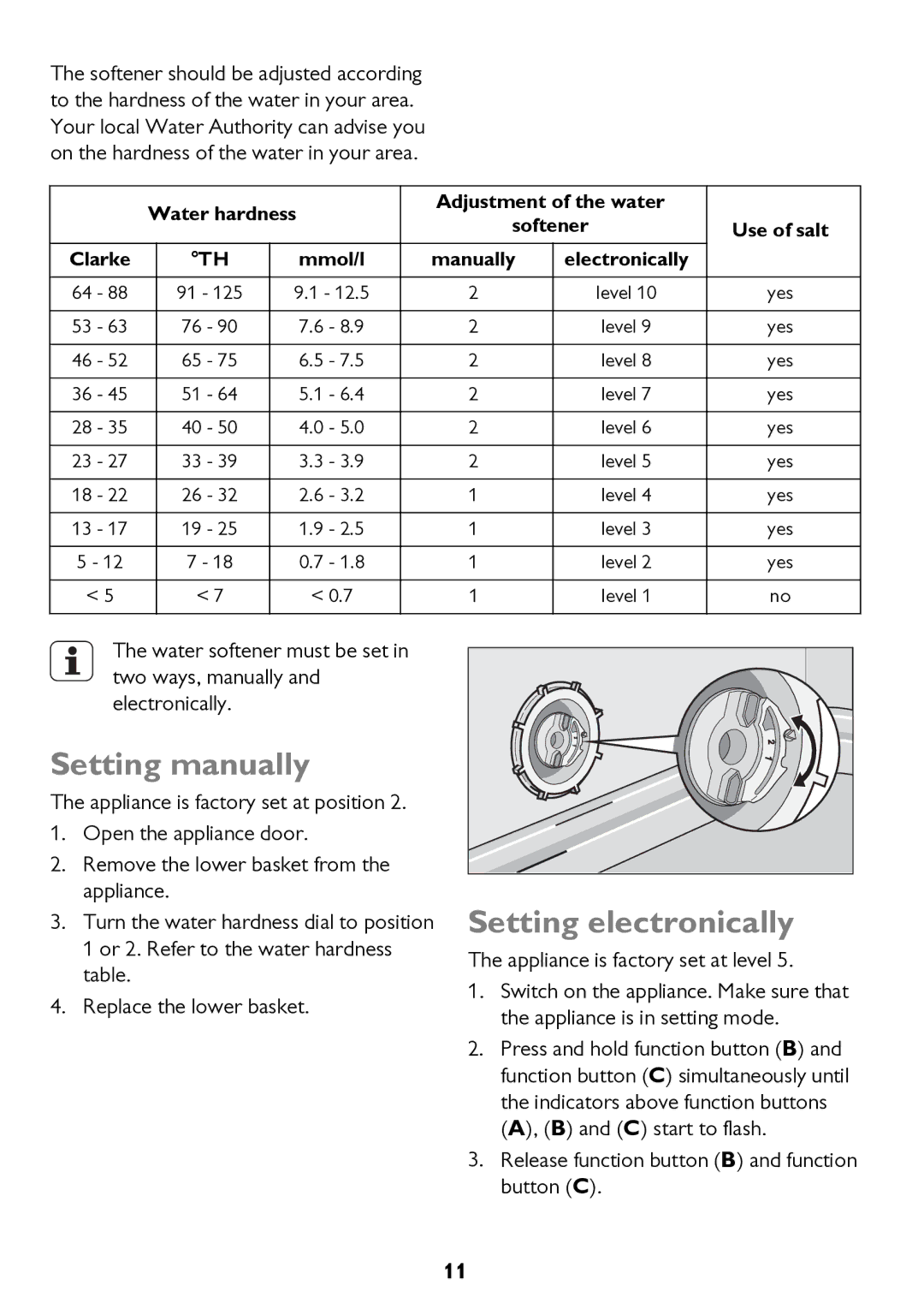 John Lewis JLDW 1221 Setting manually, Setting electronically, Release function button B and function button C 