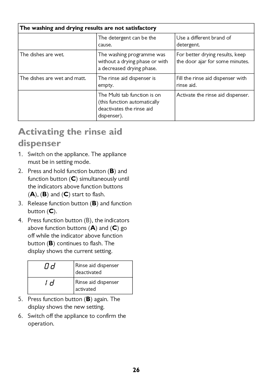 John Lewis JLDW 1221 instruction manual Activating the rinse aid dispenser, Release function button B and function button C 