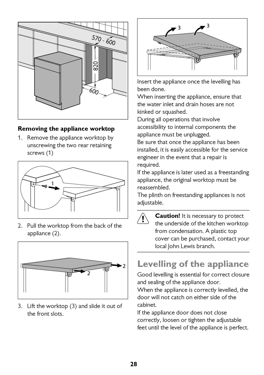 John Lewis JLDW 1221 instruction manual Levelling of the appliance, Removing the appliance worktop 