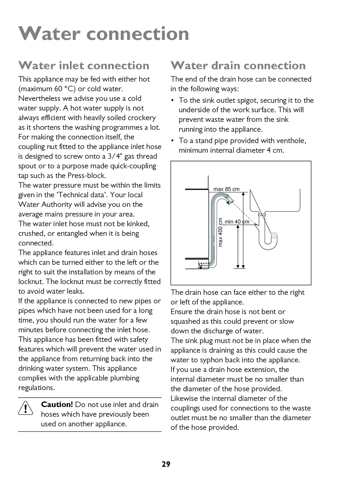 John Lewis JLDW 1221 instruction manual Water connection, Water inlet connection, Water drain connection 