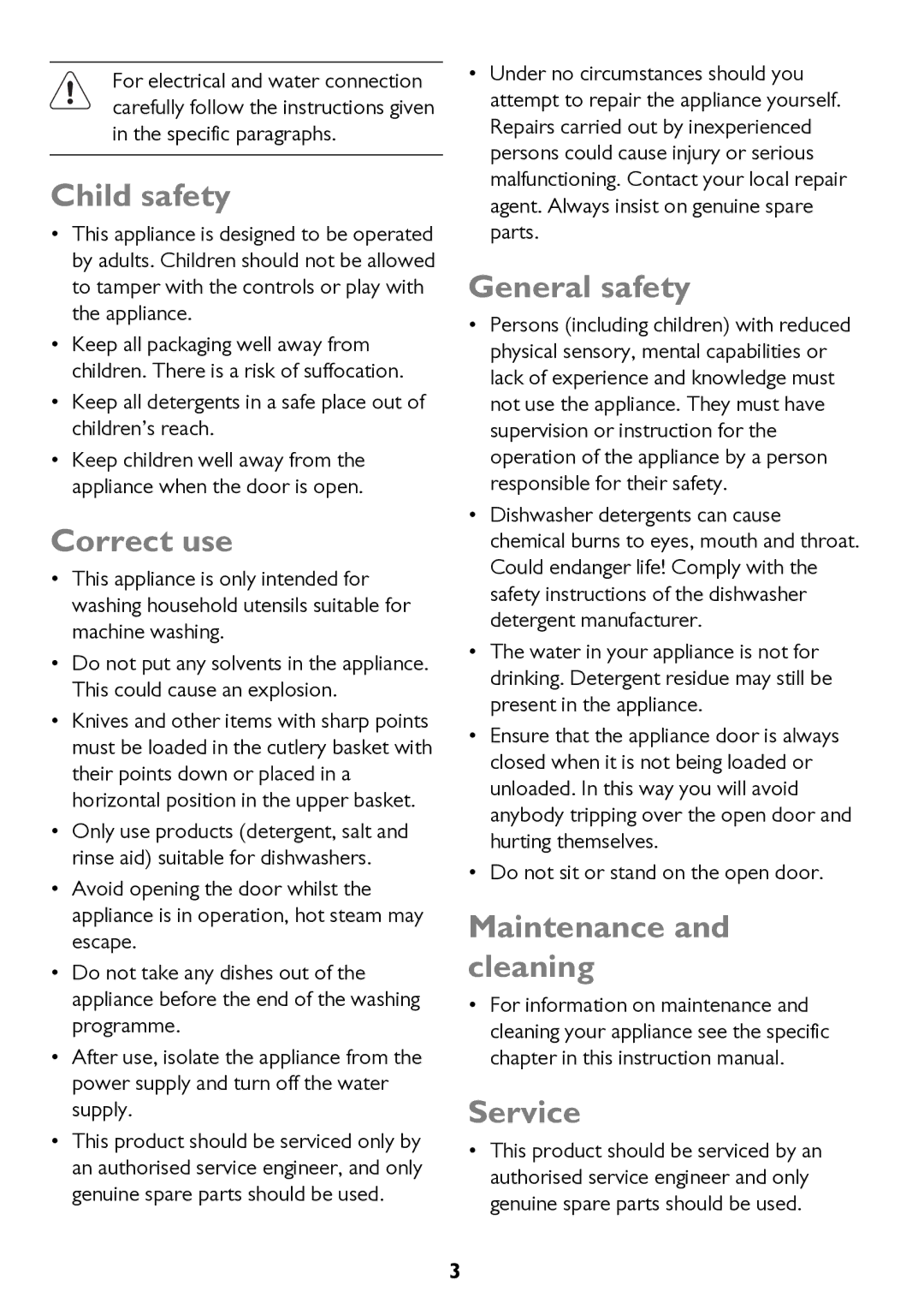 John Lewis JLDW 1221 instruction manual Child safety, Correct use, General safety, Maintenance and cleaning Service 