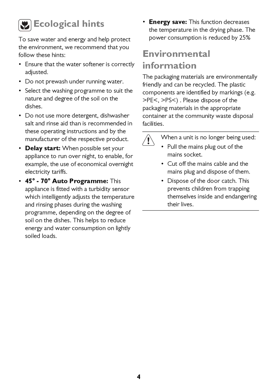 John Lewis JLDW 1221 instruction manual Ecological hints, Environmental information 