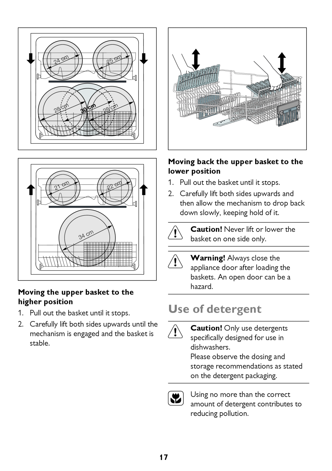 John Lewis JLDW 1221 instruction manual Use of detergent, Moving the upper basket to the higher position 