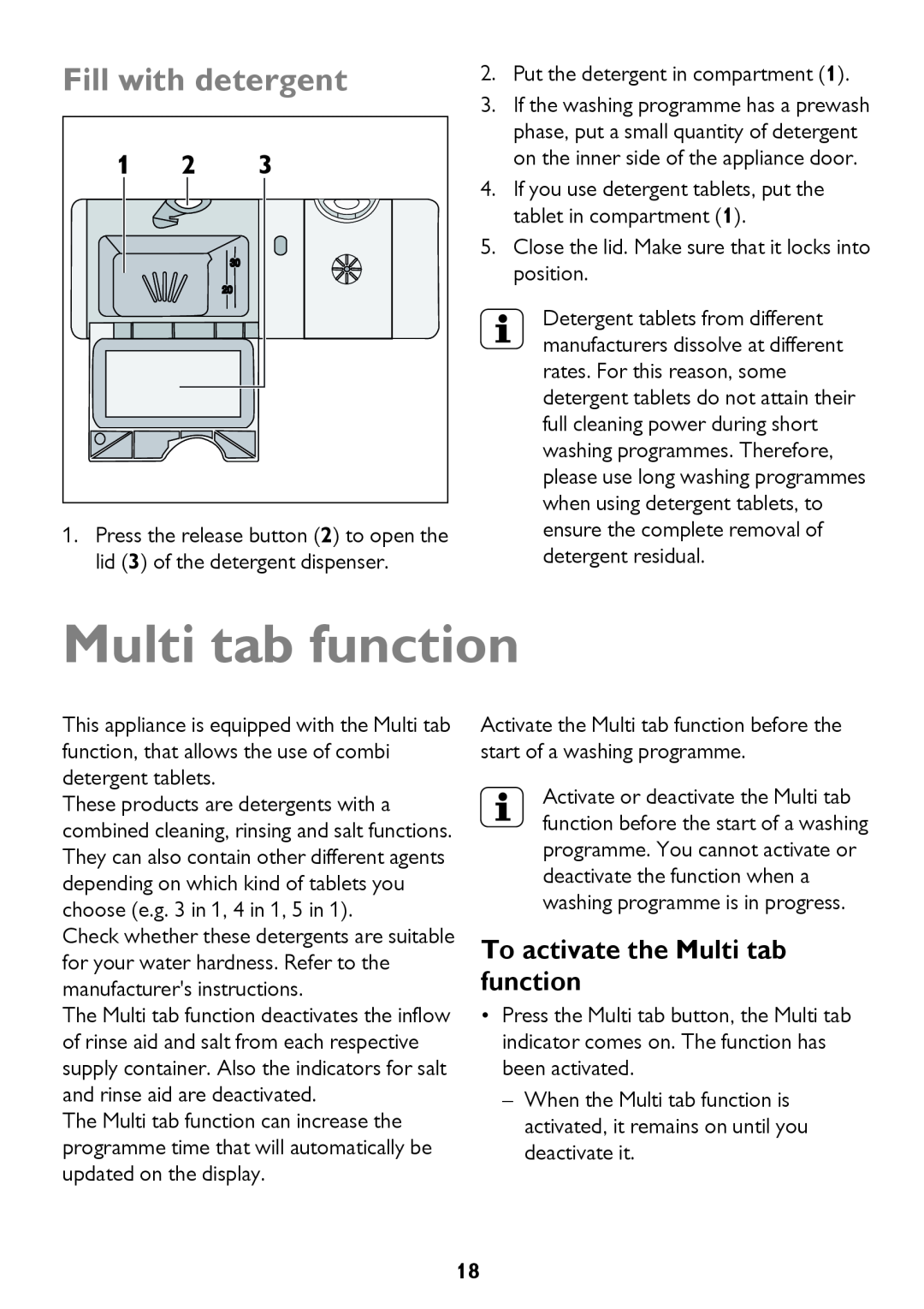 John Lewis JLDW 1221 instruction manual Fill with detergent, To activate the Multi tab function 