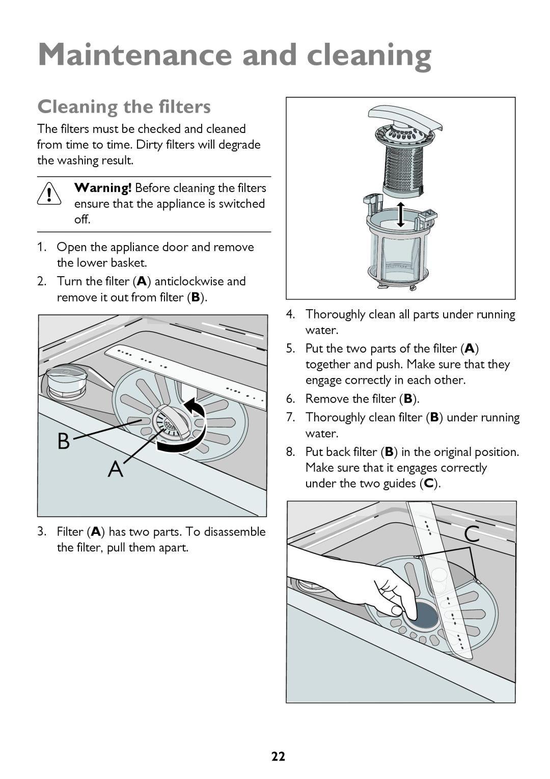 John Lewis JLDW 1221 instruction manual Maintenance and cleaning, Cleaning the filters 