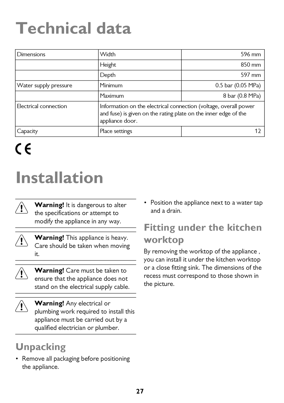 John Lewis JLDW 1221 instruction manual Technical data, Installation, Unpacking, Fitting under the kitchen worktop 