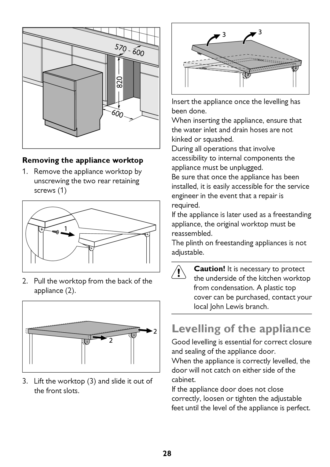 John Lewis JLDW 1221 instruction manual Levelling of the appliance, Removing the appliance worktop 
