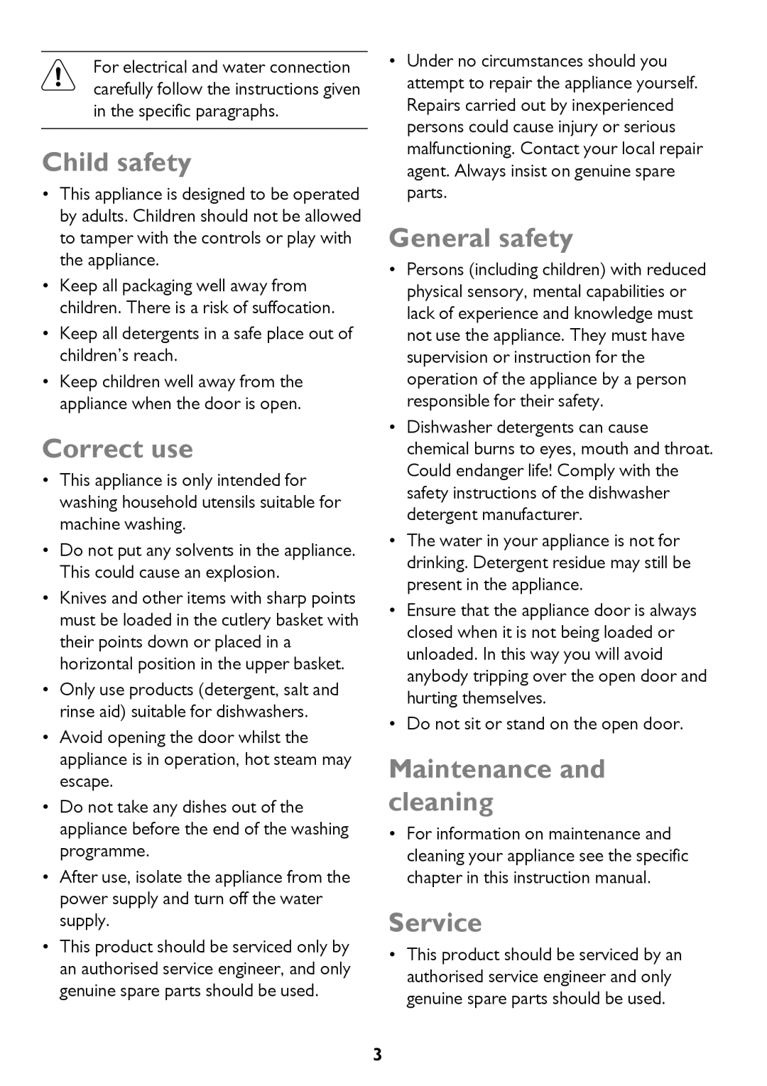 John Lewis JLDW 1221 instruction manual Child safety, Correct use, General safety, Maintenance and cleaning, Service 