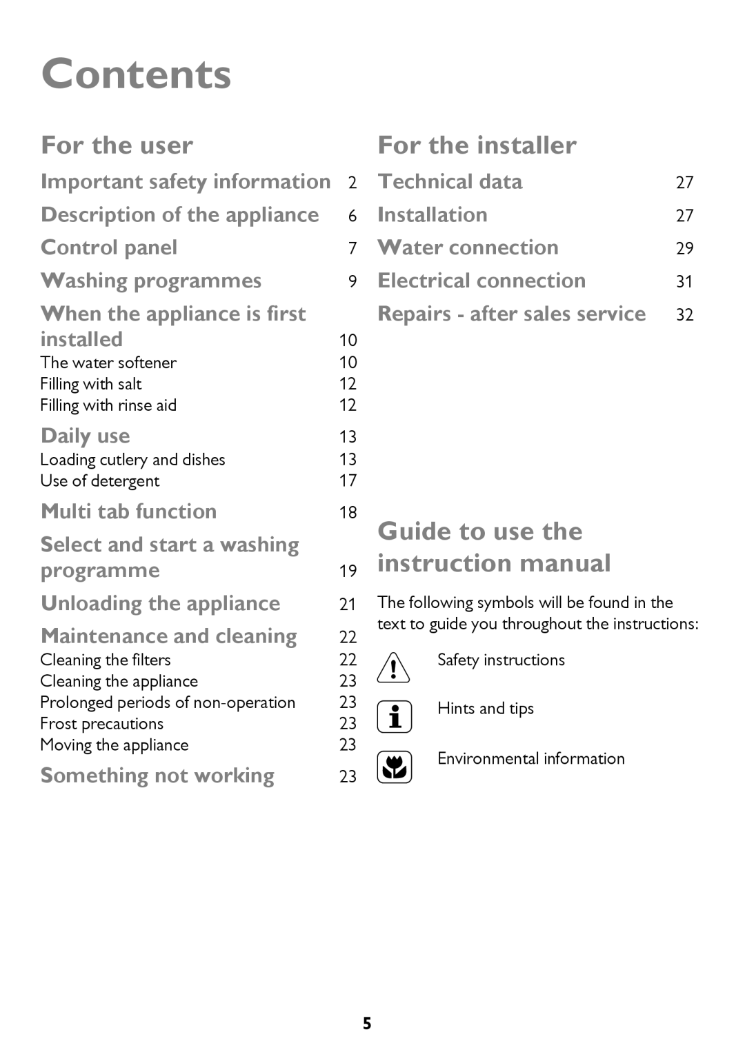 John Lewis JLDW 1221 instruction manual Contents, For the user, For the installer 