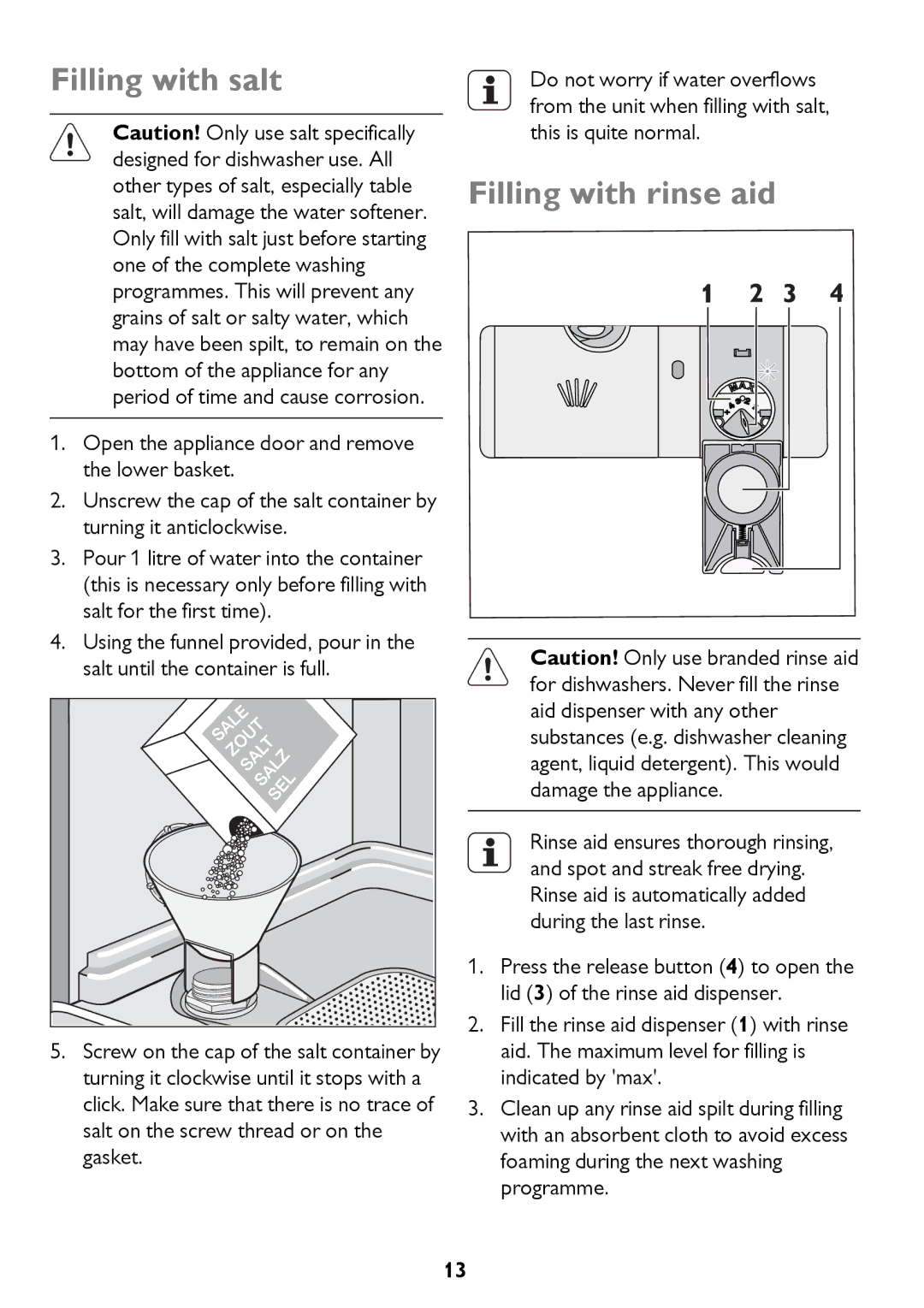 John Lewis JLDW 1225 instruction manual Filling with salt, Filling with rinse aid 