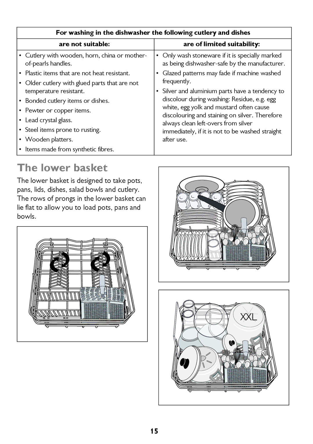 John Lewis JLDW 1225 instruction manual Lower basket, Xxl 