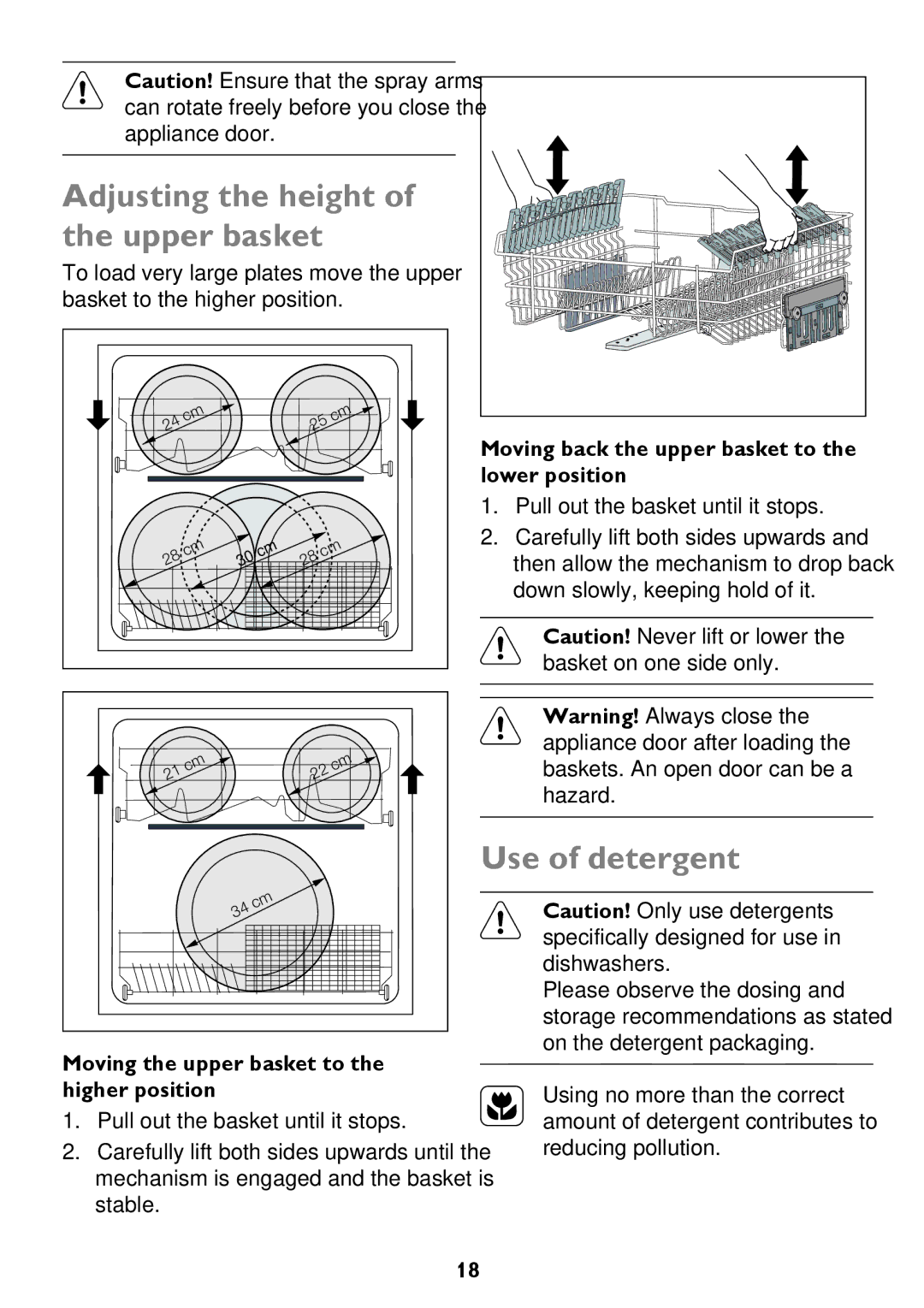 John Lewis JLDW 1225 instruction manual Adjusting the height of the upper basket, Use of detergent 