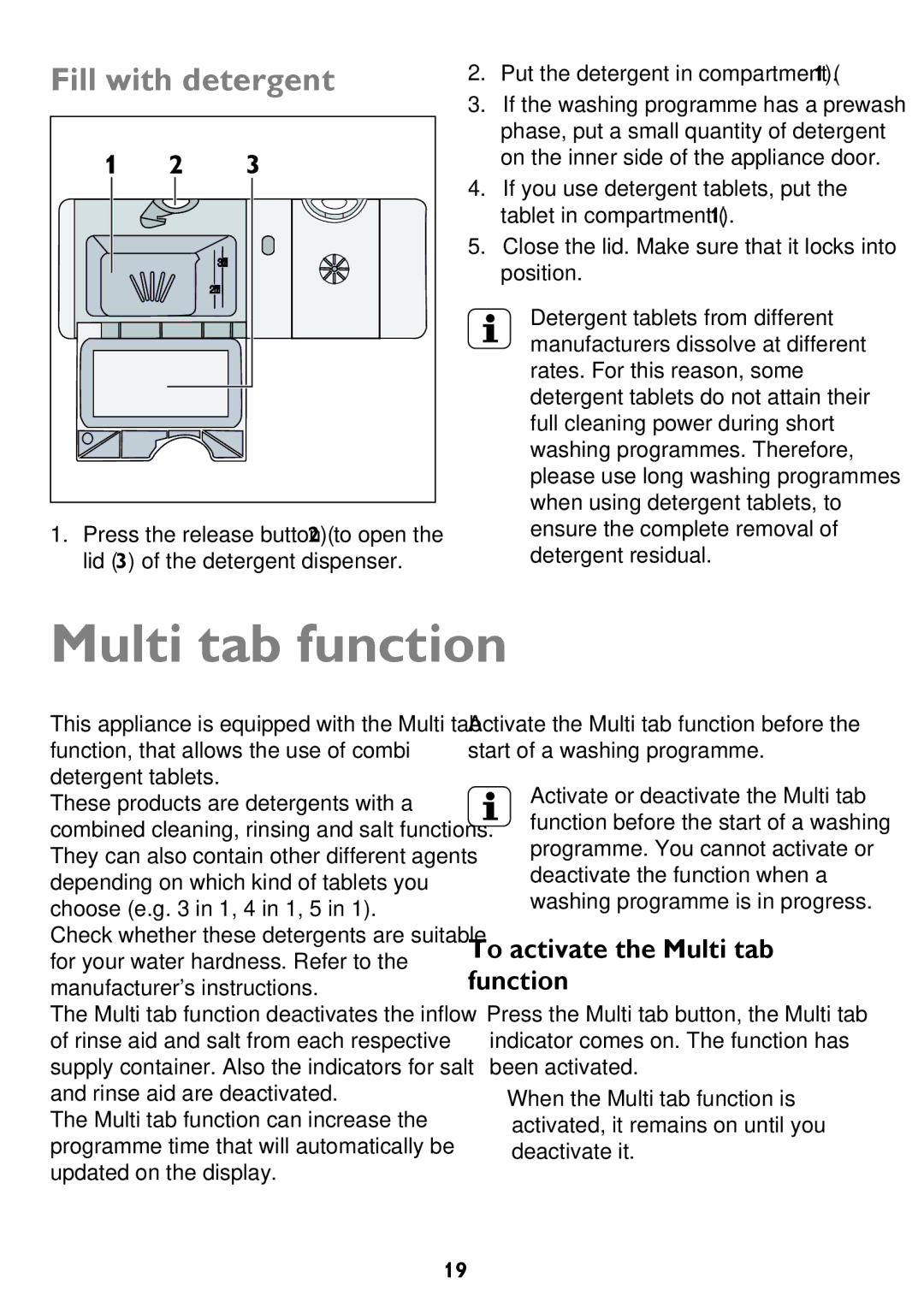 John Lewis JLDW 1225 instruction manual Multi tab function, Fill with detergent 