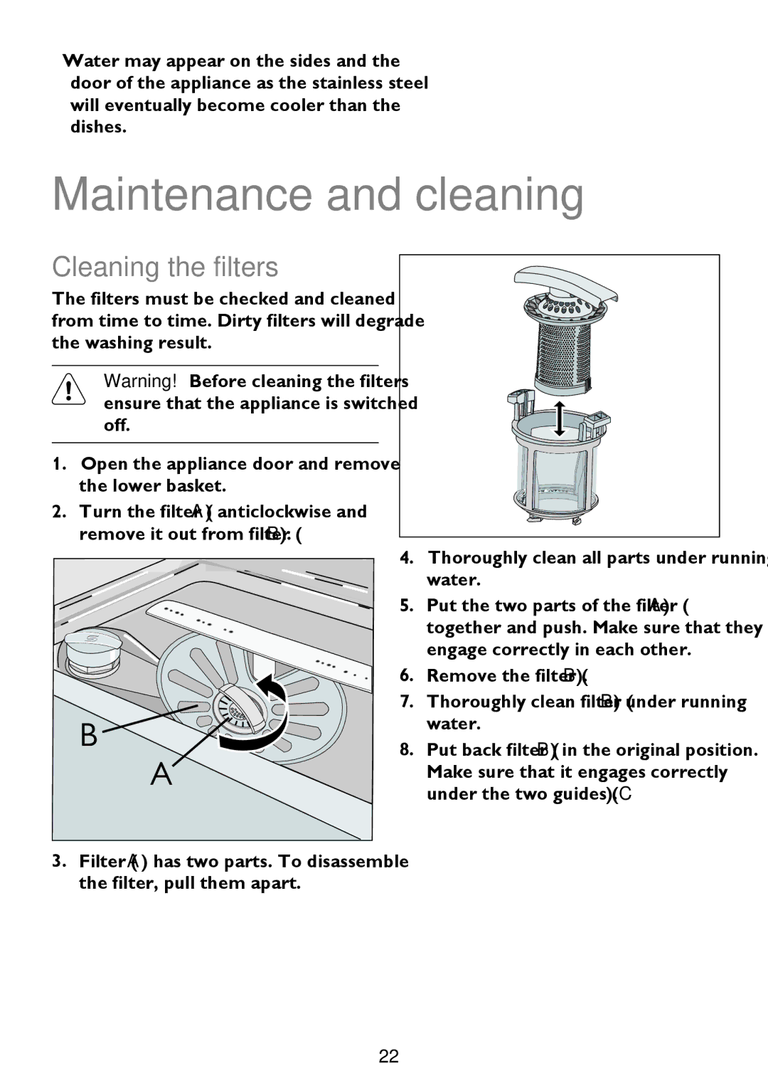 John Lewis JLDW 1225 instruction manual Maintenance and cleaning, Cleaning the filters 