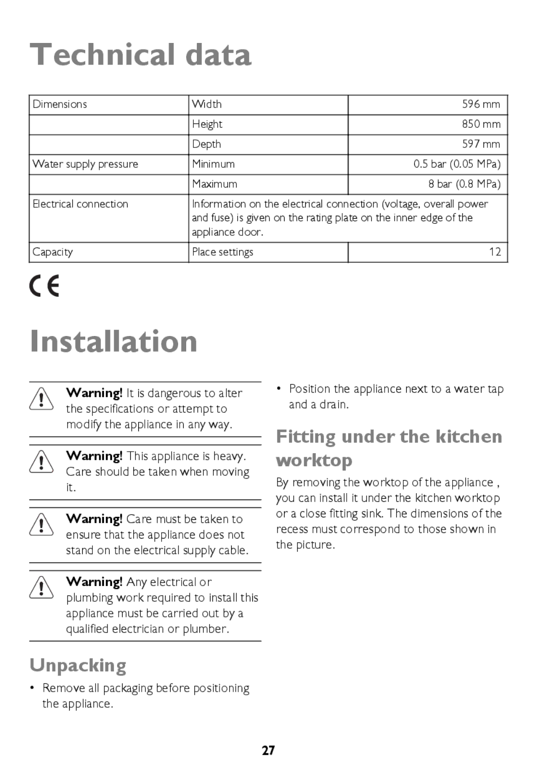 John Lewis JLDW 1225 instruction manual Technical data, Installation, Unpacking, Fitting under the kitchen worktop 