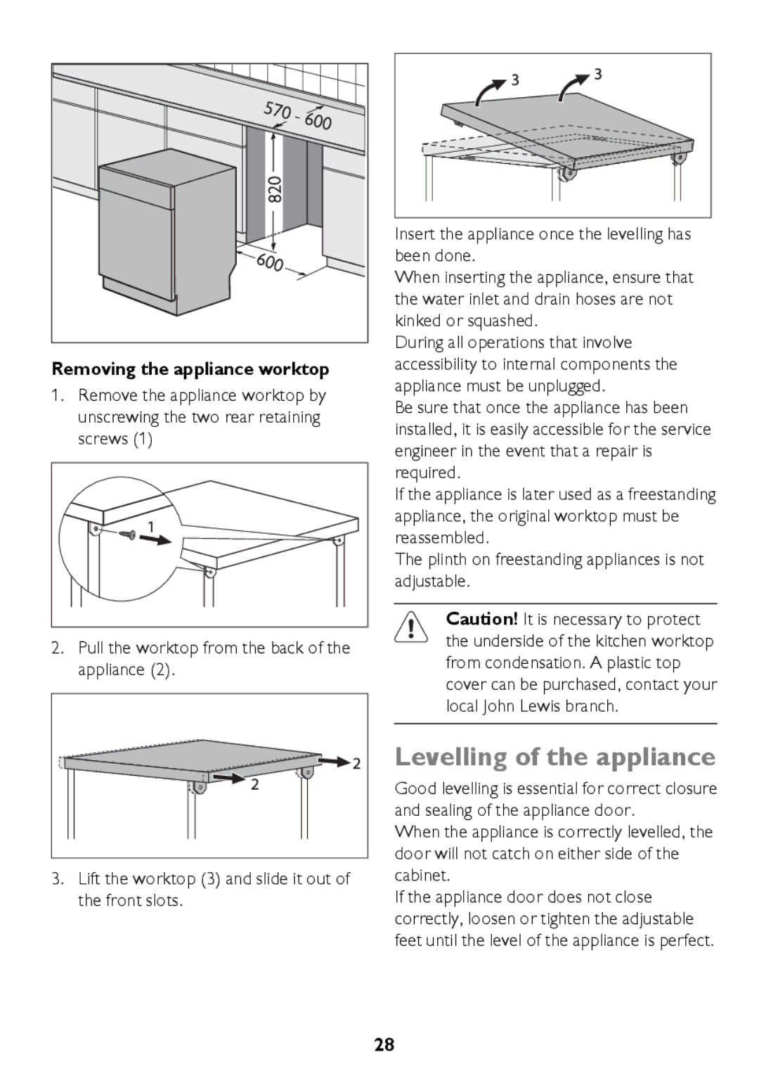 John Lewis JLDW 1225 instruction manual Levelling of the appliance, Removing the appliance worktop 