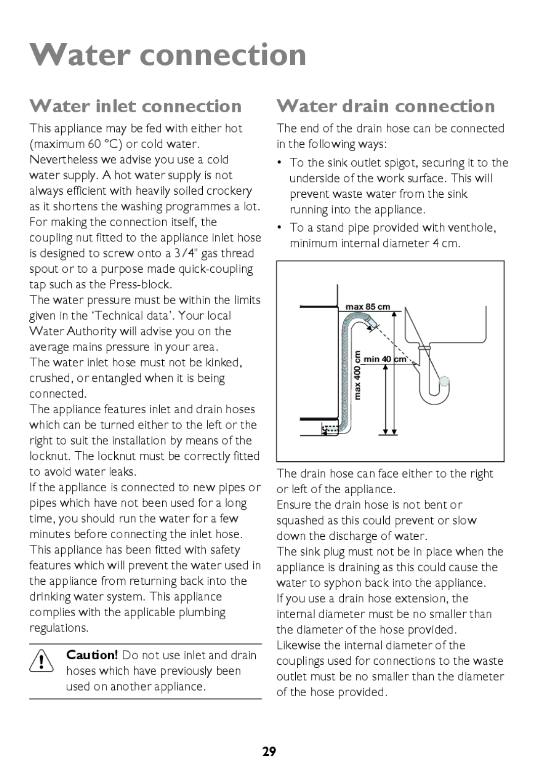 John Lewis JLDW 1225 instruction manual Water connection, Water inlet connection, Water drain connection 