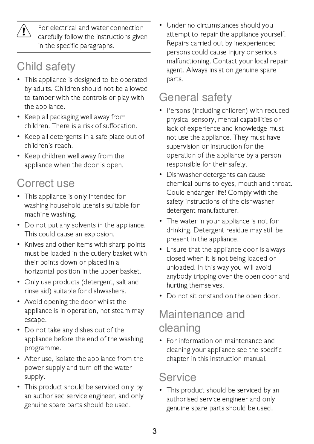 John Lewis JLDW 1225 instruction manual Child safety, Correct use, General safety, Maintenance and cleaning Service 