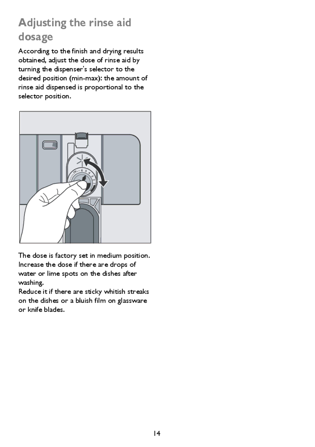 John Lewis JLDWS 907 instruction manual Adjusting the rinse aid dosage 