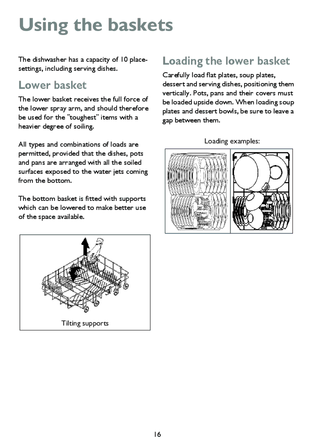 John Lewis JLDWS 907 Using the baskets, Lower basket, Loading the lower basket, Loading examples Tilting supports 