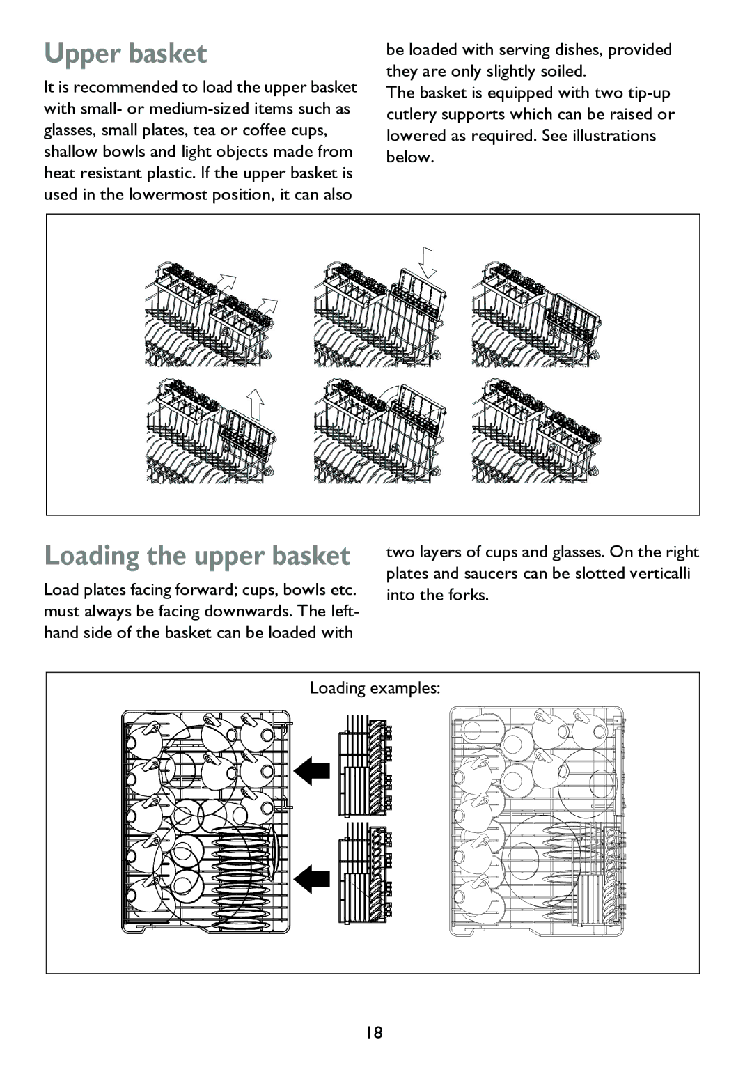 John Lewis JLDWS 907 instruction manual Upper basket, Loading the upper basket 