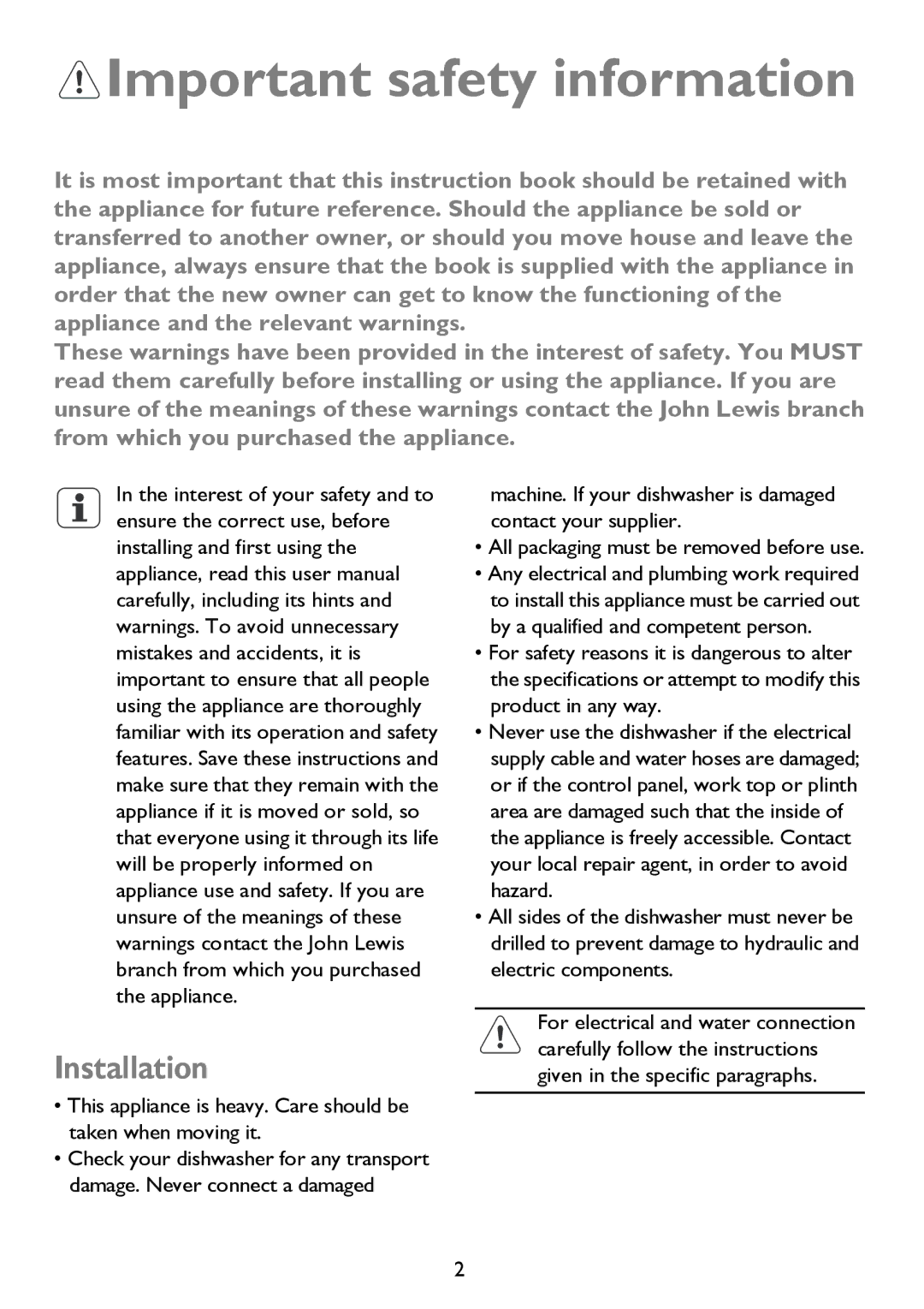 John Lewis JLDWS 907 instruction manual Important safety information, Installation 