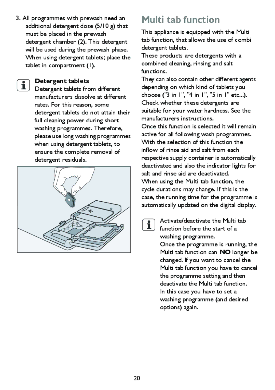 John Lewis JLDWS 907 instruction manual Multi tab function, Detergent tablets 