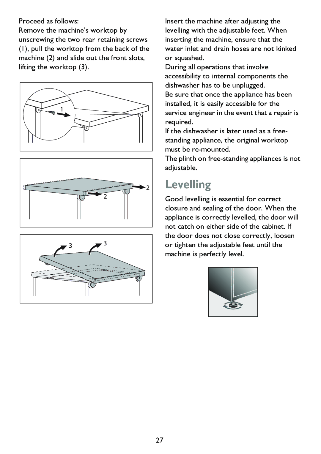 John Lewis JLDWS 907 instruction manual Levelling 