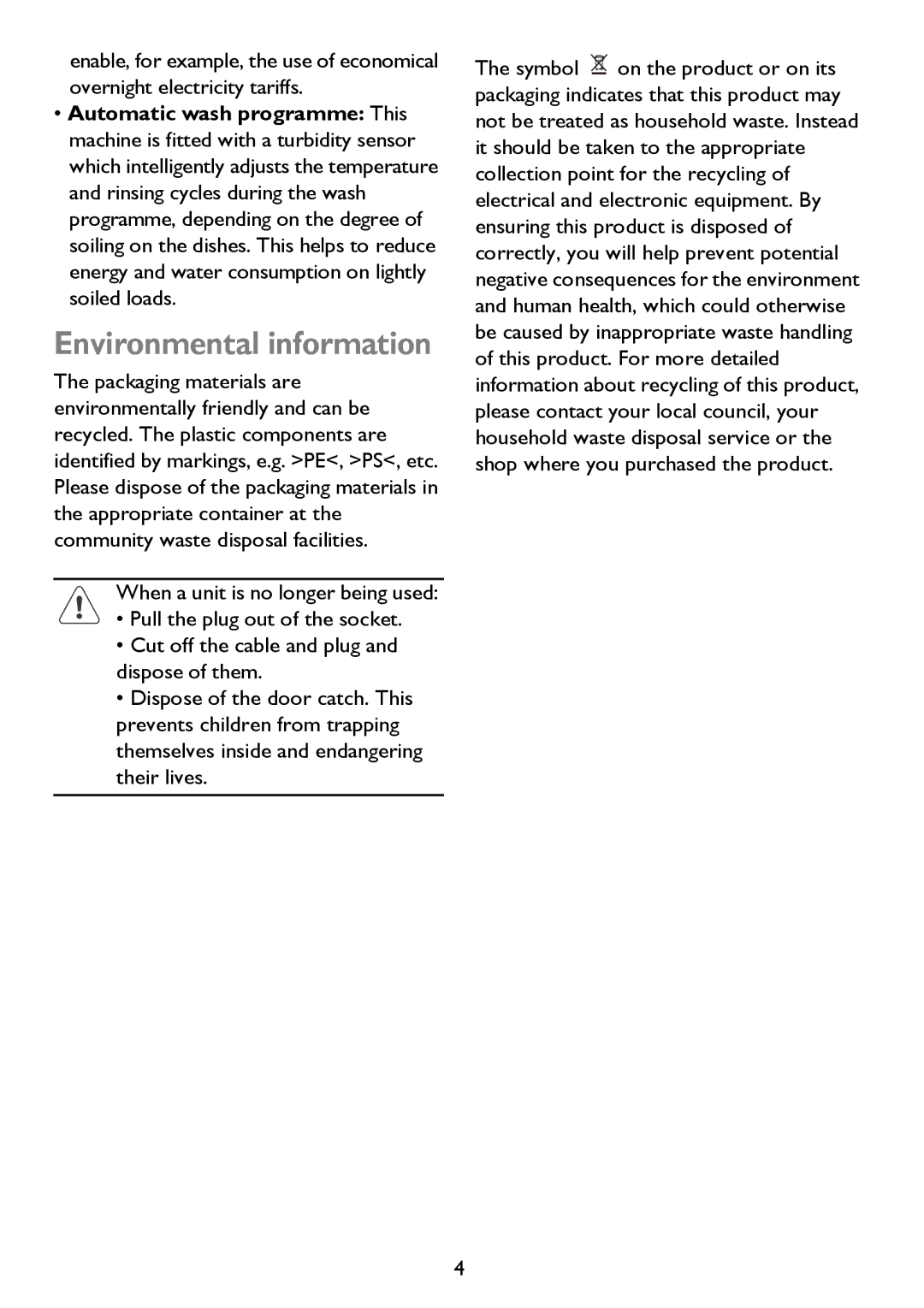 John Lewis JLDWS 907 instruction manual Environmental information 