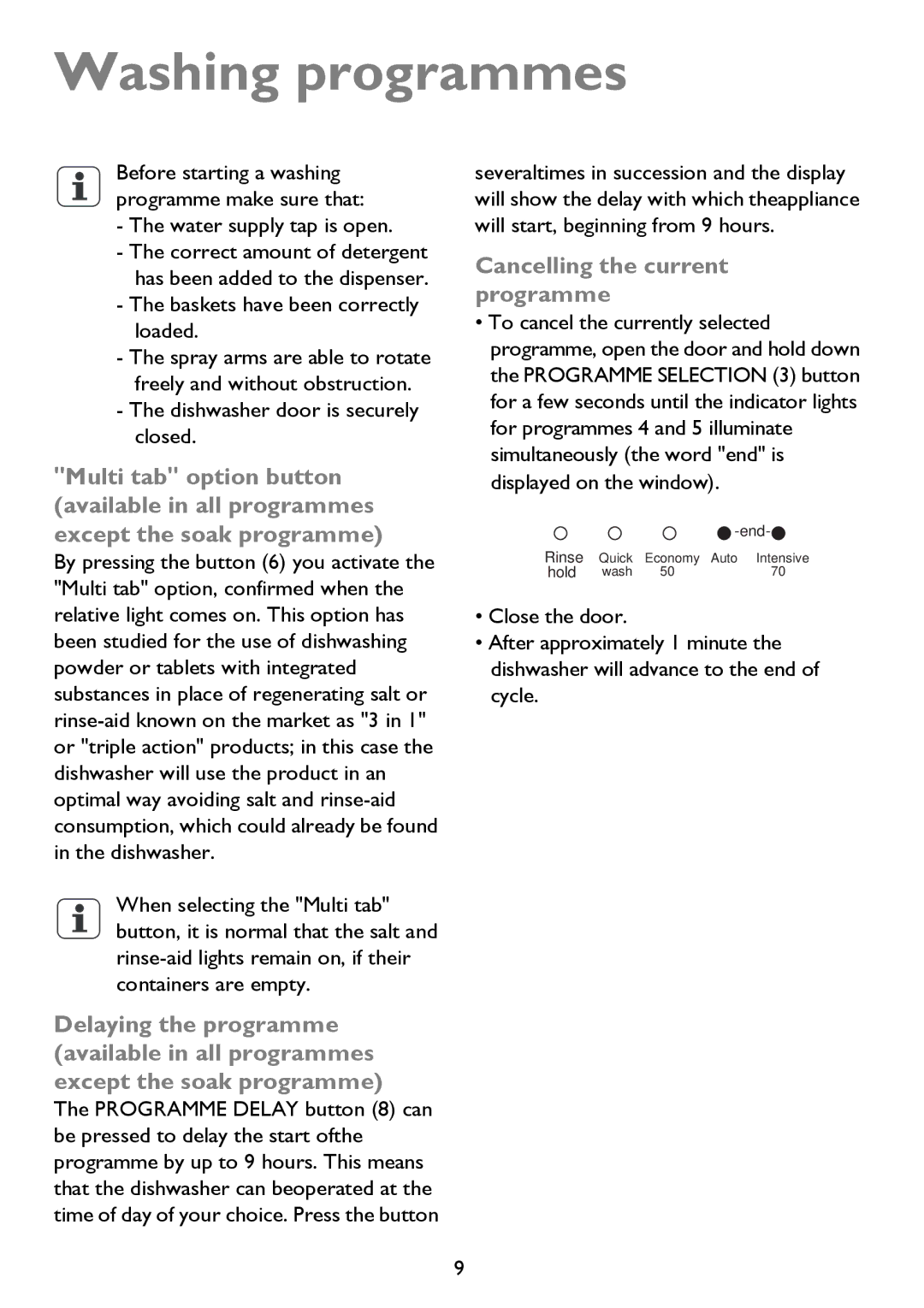 John Lewis JLDWS 907 instruction manual Washing programmes, Water supply tap is open, Baskets have been correctly loaded 