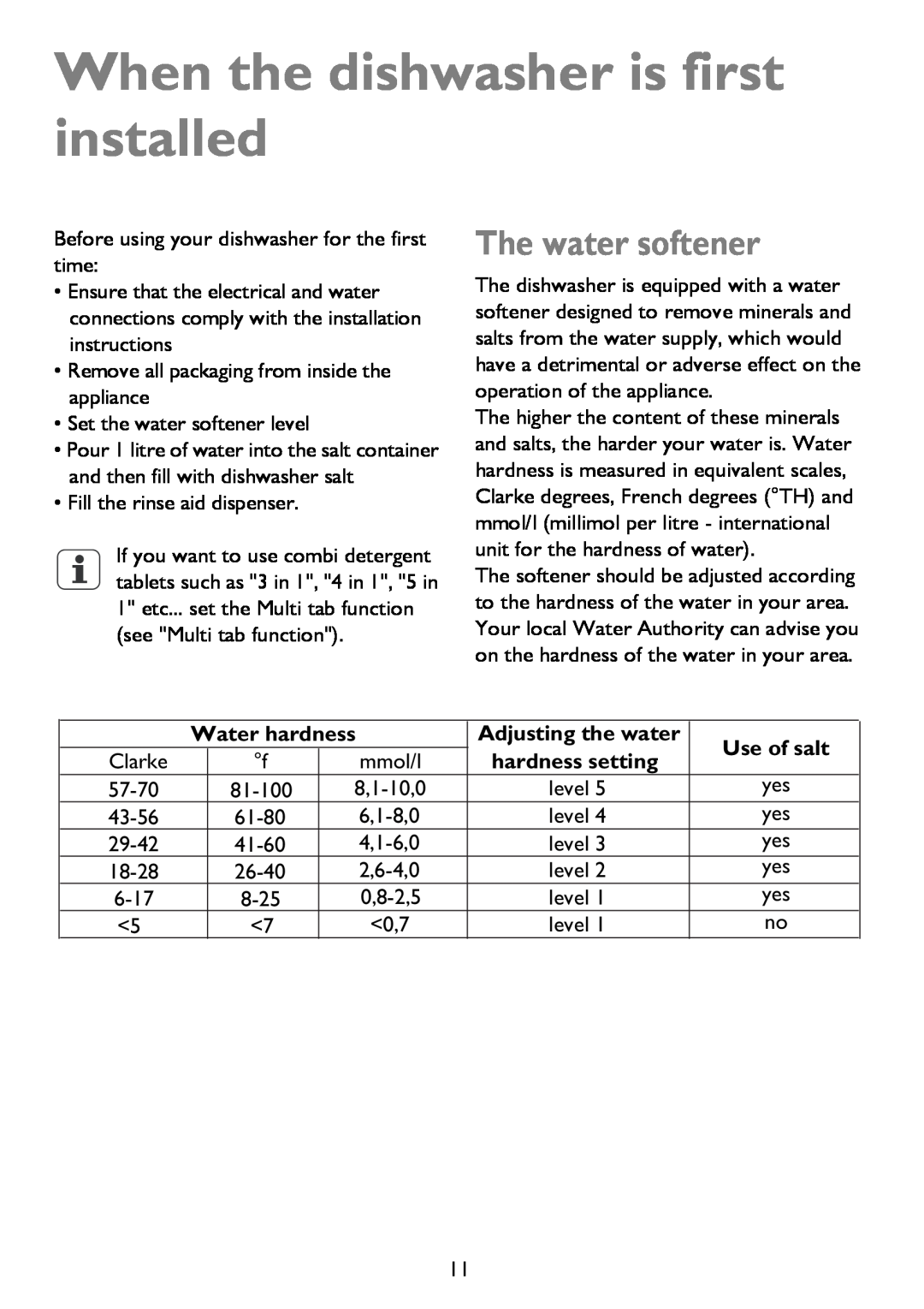 John Lewis JLDWS 907 When the dishwasher is first installed, The water softener, Water hardness, Adjusting the water 
