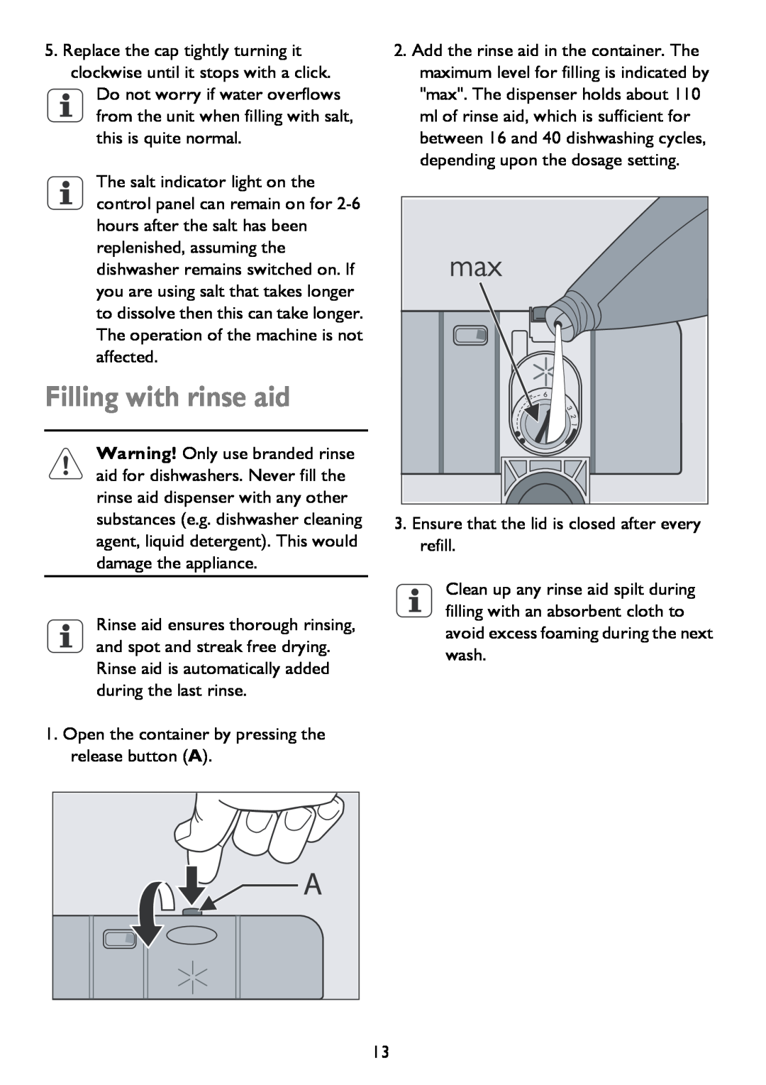 John Lewis JLDWS 907 instruction manual Filling with rinse aid 