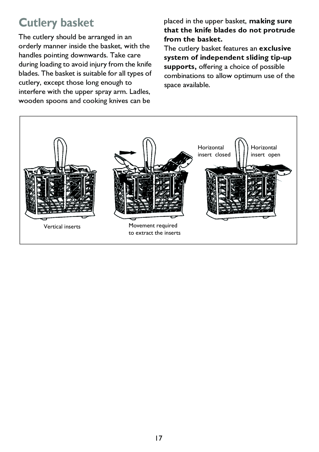 John Lewis JLDWS 907 instruction manual Cutlery basket, that the knife blades do not protrude from the basket 
