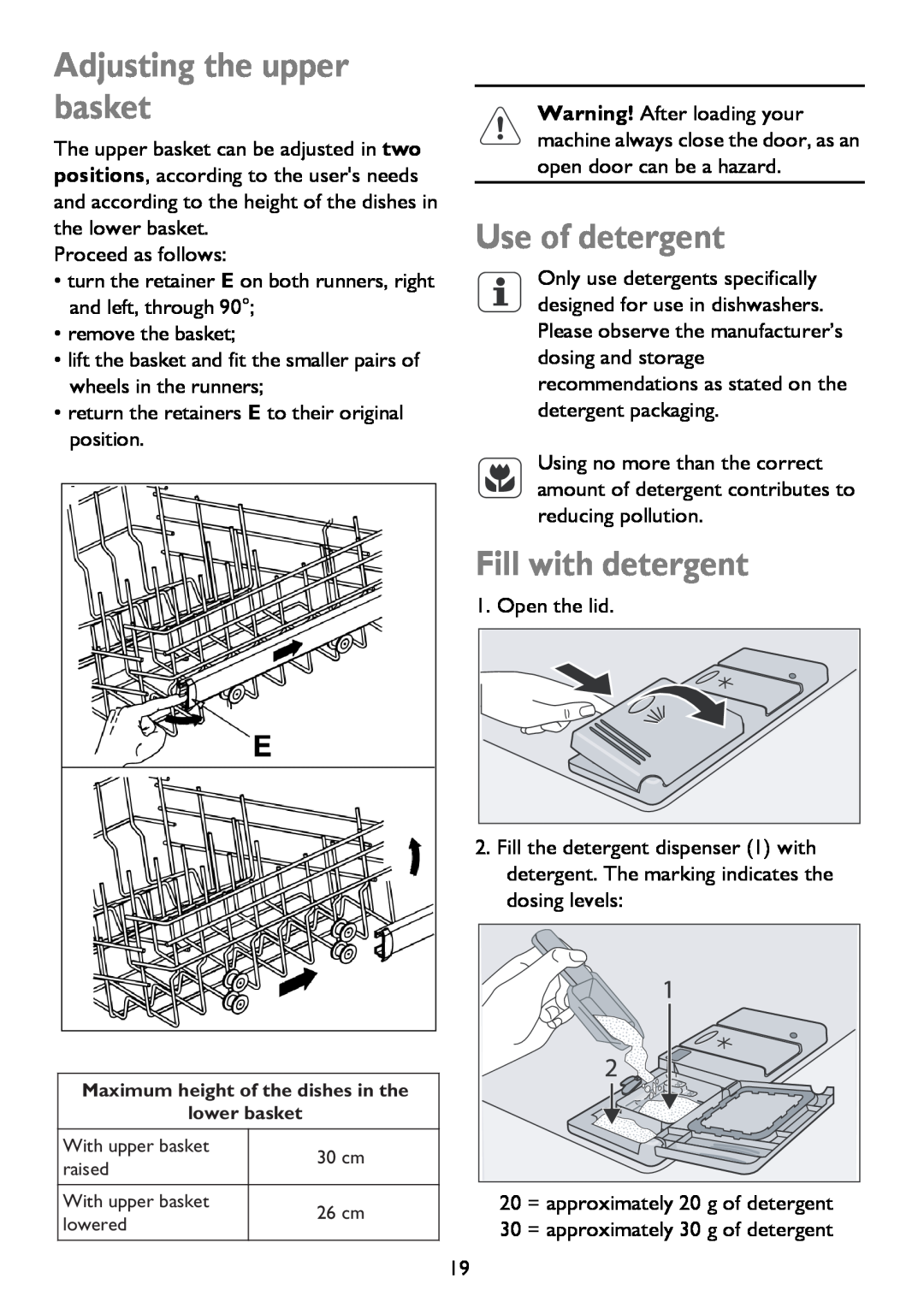 John Lewis JLDWS 907 instruction manual Adjusting the upper basket, Use of detergent, Fill with detergent 