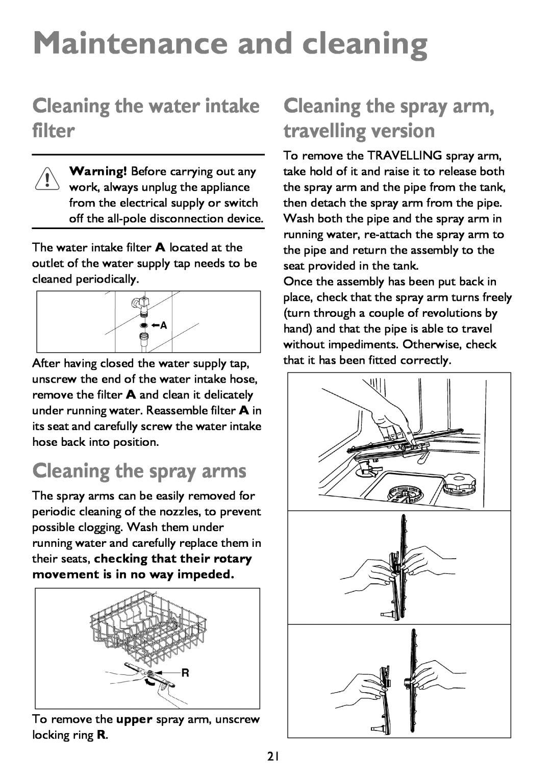 John Lewis JLDWS 907 instruction manual Maintenance and cleaning, Cleaning the water intake filter, Cleaning the spray arms 