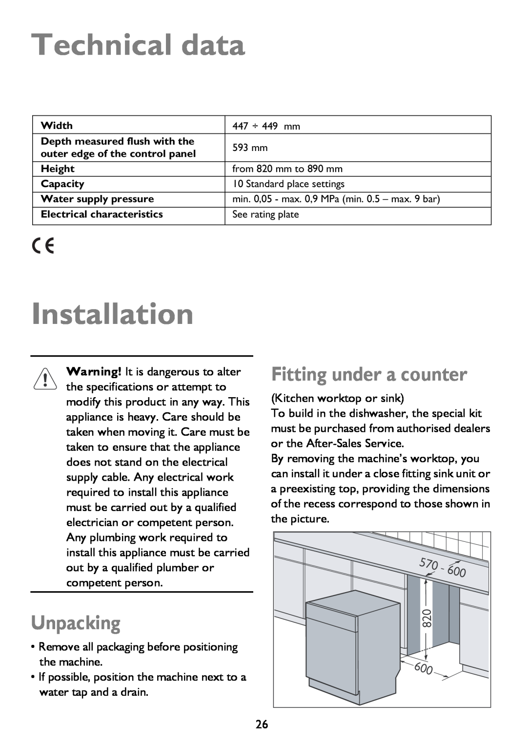 John Lewis JLDWS 907 instruction manual Technical data, Installation, Unpacking, Fitting under a counter 