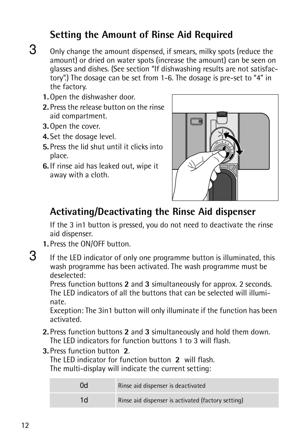 John Lewis JLDWS1202 Setting the Amount of Rinse Aid Required, Activating/Deactivating the Rinse Aid dispenser 