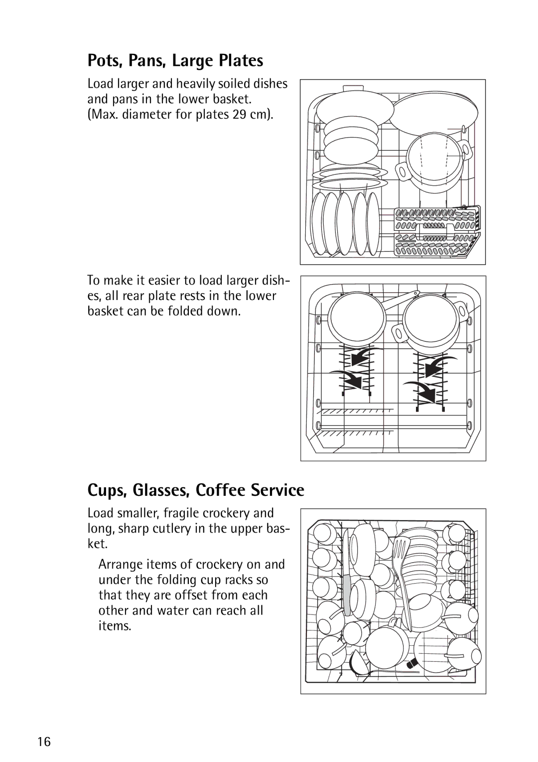 John Lewis JLDWS1202 instruction manual Pots, Pans, Large Plates, Cups, Glasses, Coffee Service 