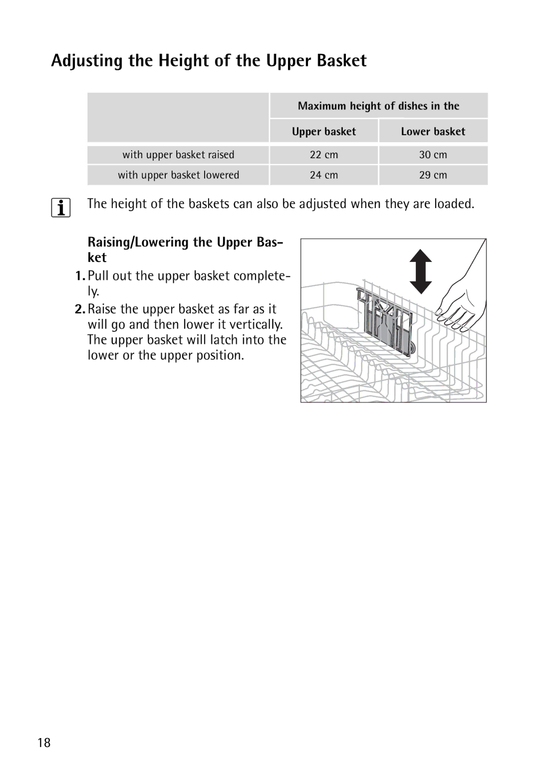 John Lewis JLDWS1202 instruction manual Adjusting the Height of the Upper Basket, Raising/Lowering the Upper Bas- ket 