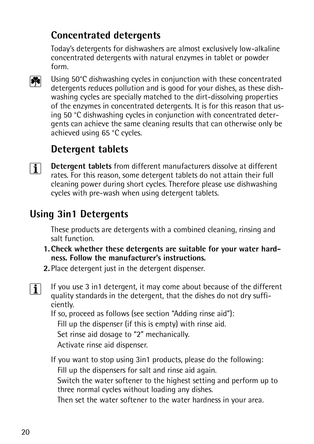 John Lewis JLDWS1202 instruction manual Concentrated detergents, Detergent tablets, Using 3in1 Detergents 