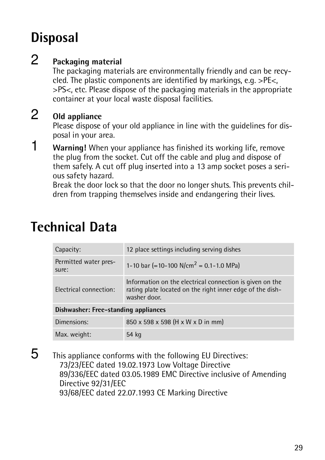 John Lewis JLDWS1202 instruction manual Disposal, Technical Data, Packaging material, Old appliance 