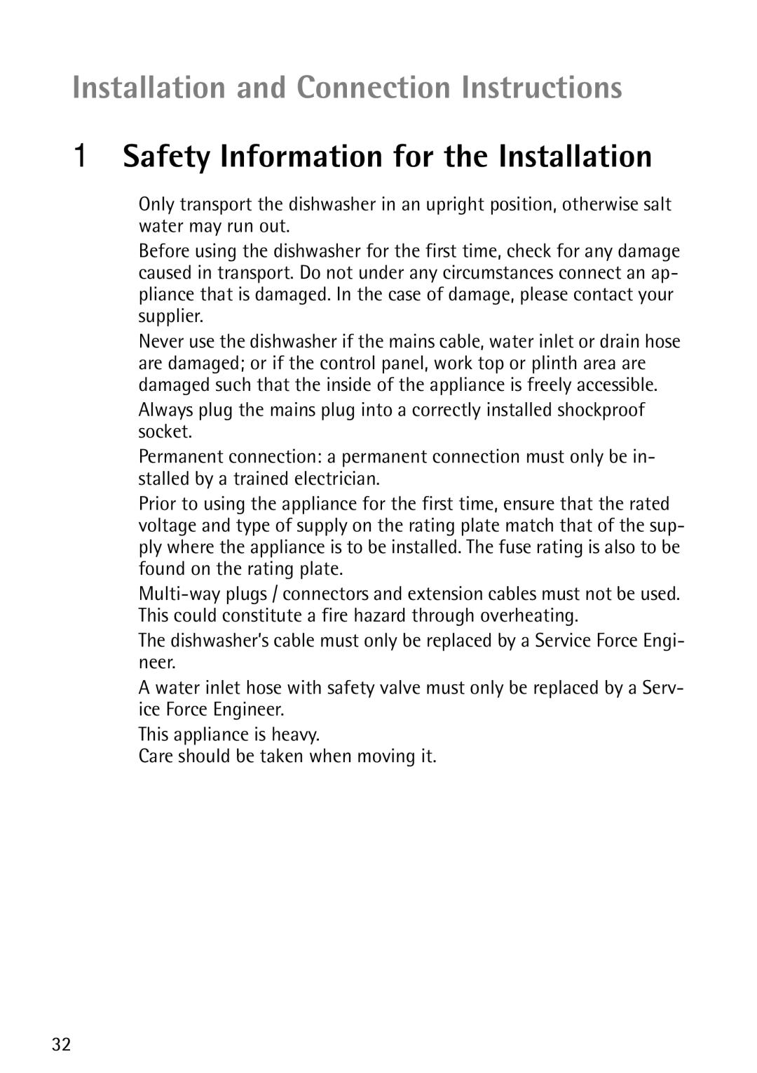 John Lewis JLDWS1202 instruction manual Installation and Connection Instructions, Safety Information for the Installation 