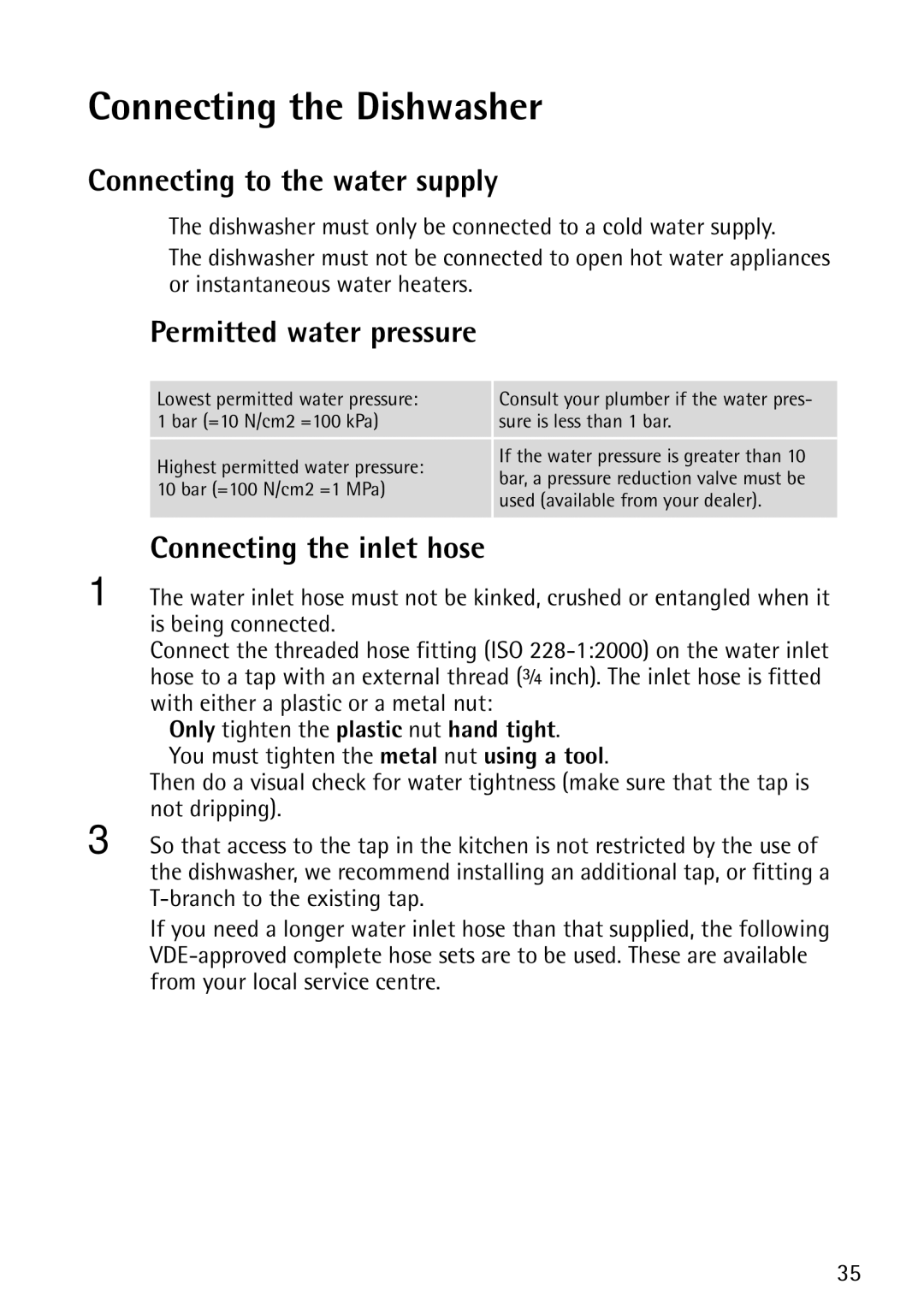 John Lewis JLDWS1202 instruction manual Connecting the Dishwasher, Connecting to the water supply, Permitted water pressure 